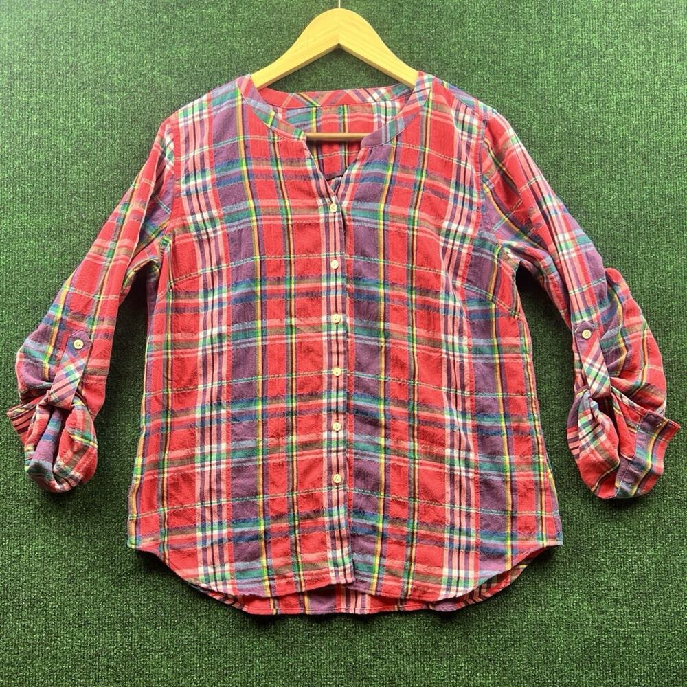 BKE Women's L Red Blue Green Plaid Flannel V-Neck Button Long Sleeve Blouse